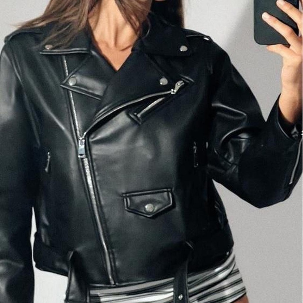 Zara Black Faux Leather Biker Jacket for Women